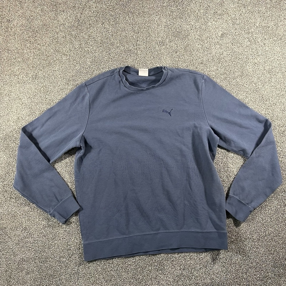 Puma Mens Large Blue Ribbed Crewneck Sweatshirt Embroidered Logo Pullover